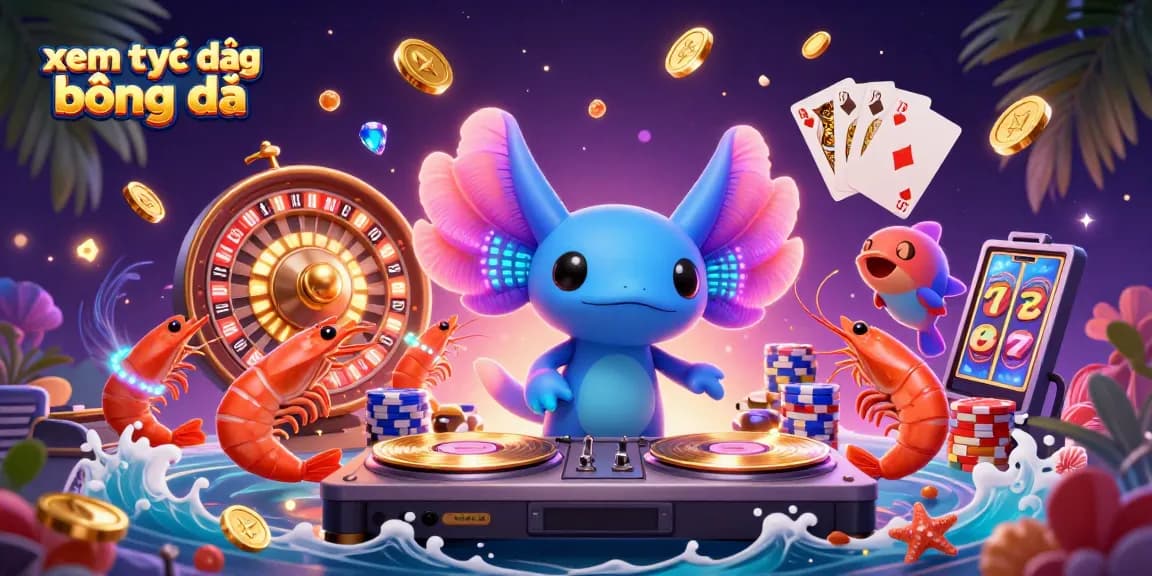 Experience xem trực tiếp bóng đá in a lively, colorful illustration with fun characters and casino elements.