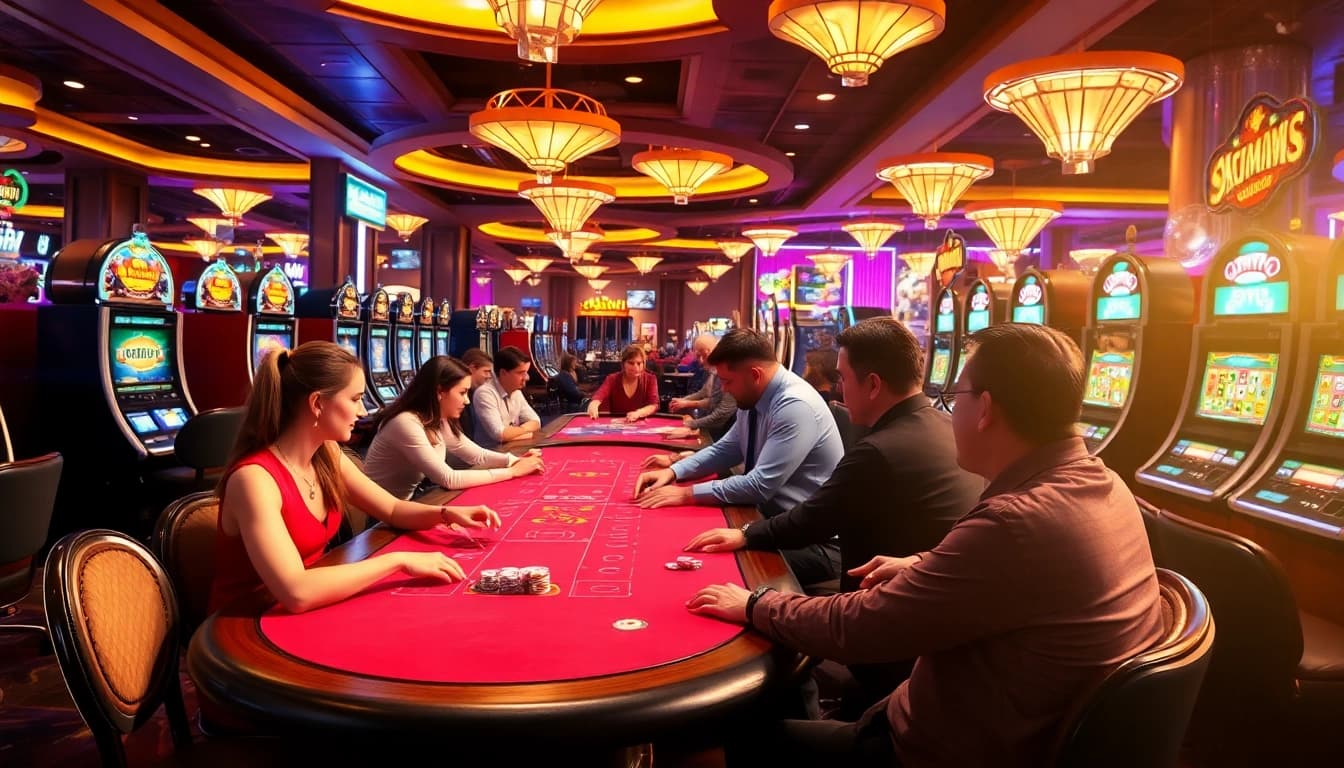 Spannende Spieler beim Casinospielen an einem Tisch mit bunten Spielautomaten im Hintergrund.