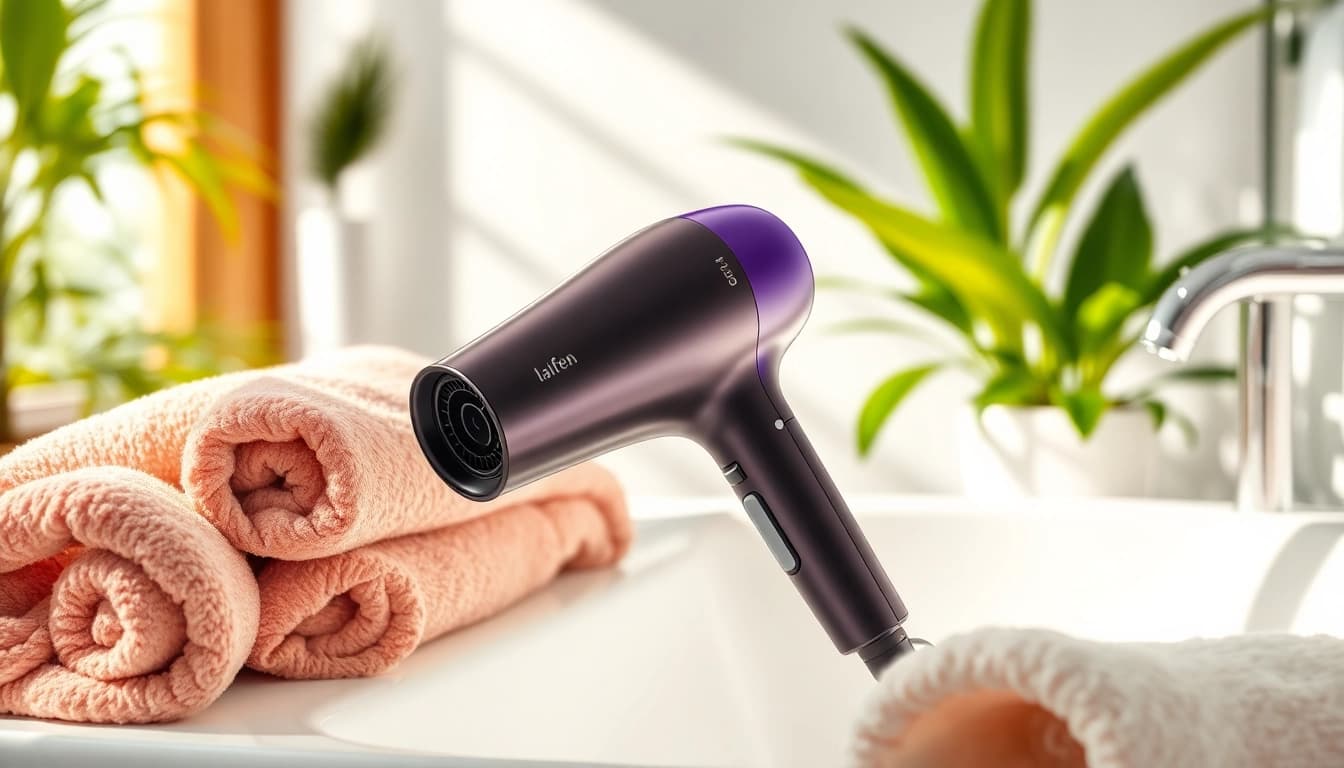 Laifen se Haartrockner in einer eleganten Badezimmerszene, umgeben von modernen Akzenten.