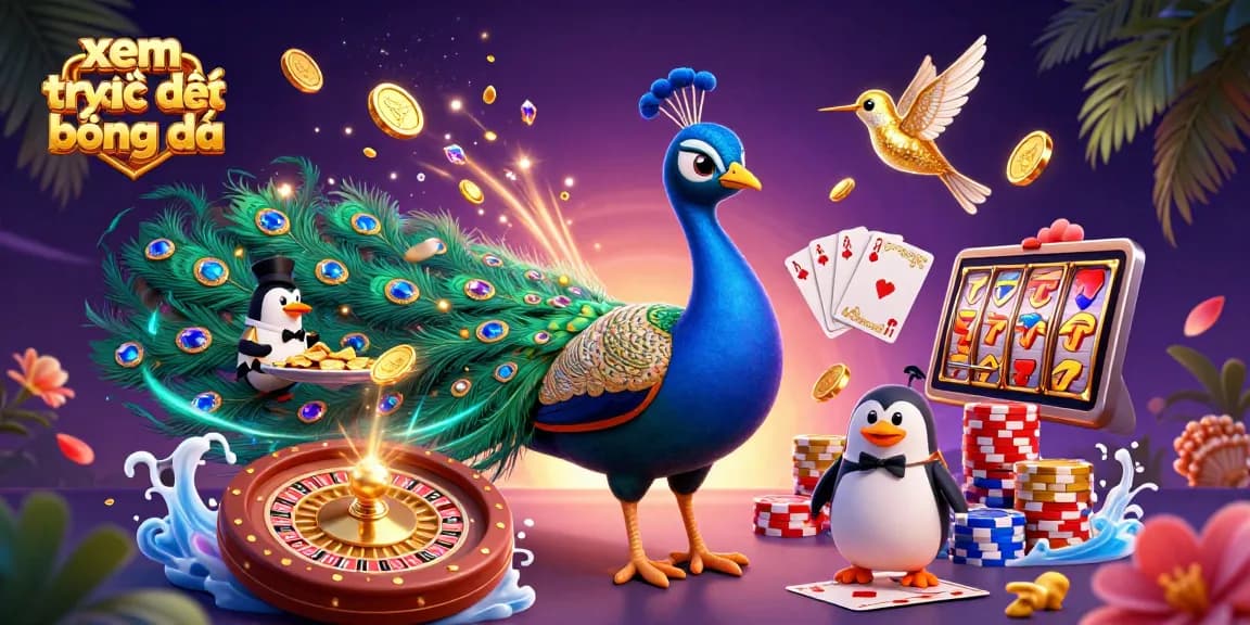 Experience the thrill of xem trực tiếp bóng đá with a vibrant peacock, penguin, and hummingbird in a casino scene.