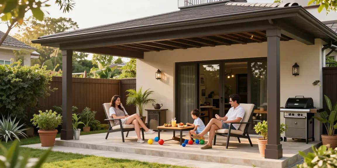 Schöne freistehende Terrassenüberdachung, Familie genießt den Nachmittag im Freien.
