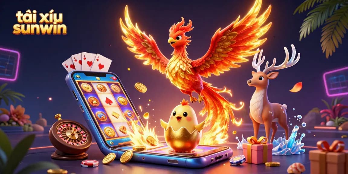 Engaging illustration of tài xỉu sunwin with a majestic phoenix and gaming elements surrounded by action-packed casino items.