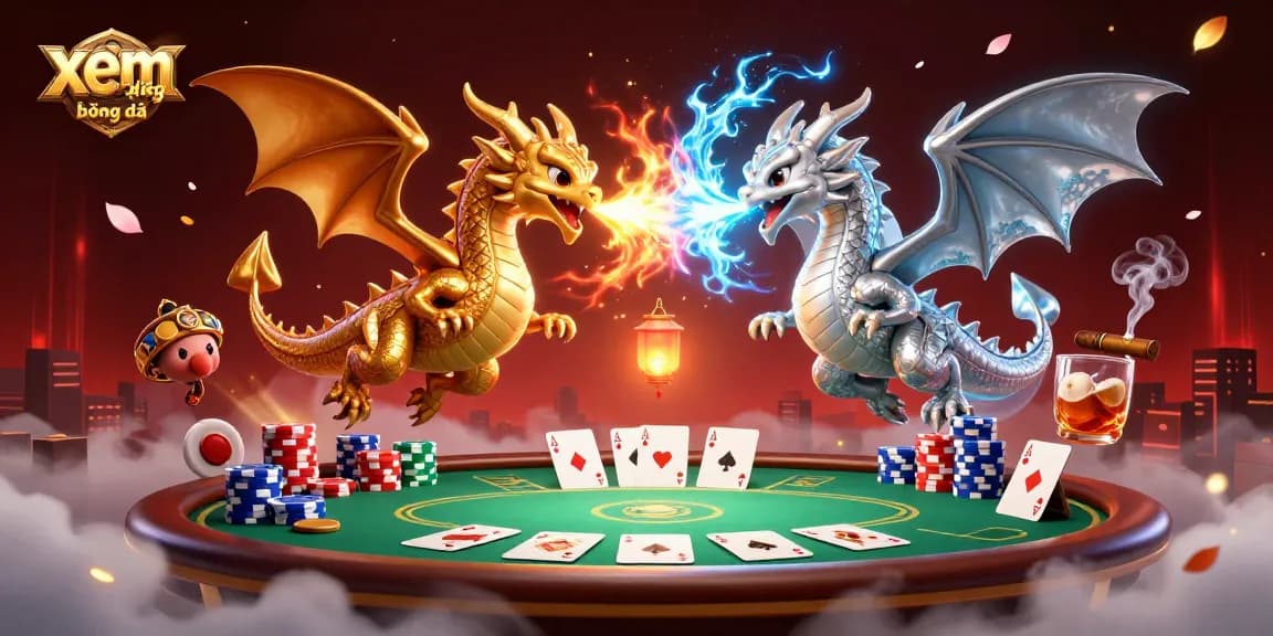 Experience xem trực tiếp bóng đá with 3D dragons, poker elements, and vibrant casino visuals.