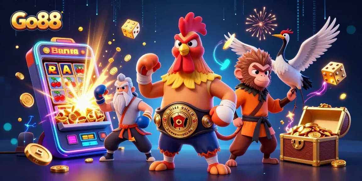 Experience exciting gaming at Go88 with a dynamic illustration featuring a Muay Thai rooster and martial artists amidst casino elements.