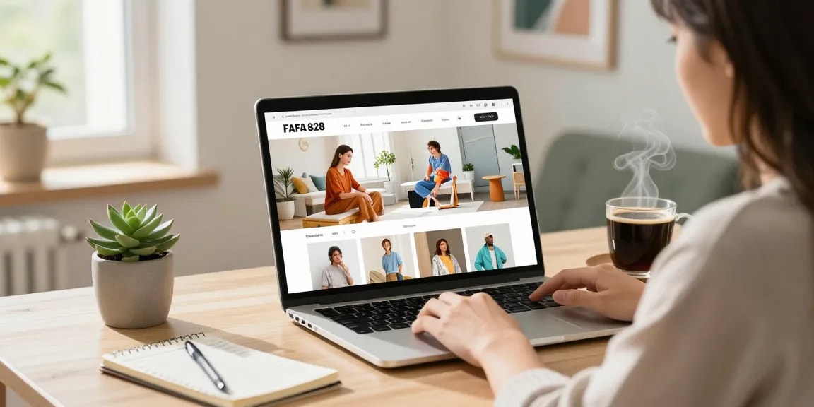 User engaging with the FAFA 828 e-commerce platform on a laptop in a cozy home office, featuring vibrant product displays.