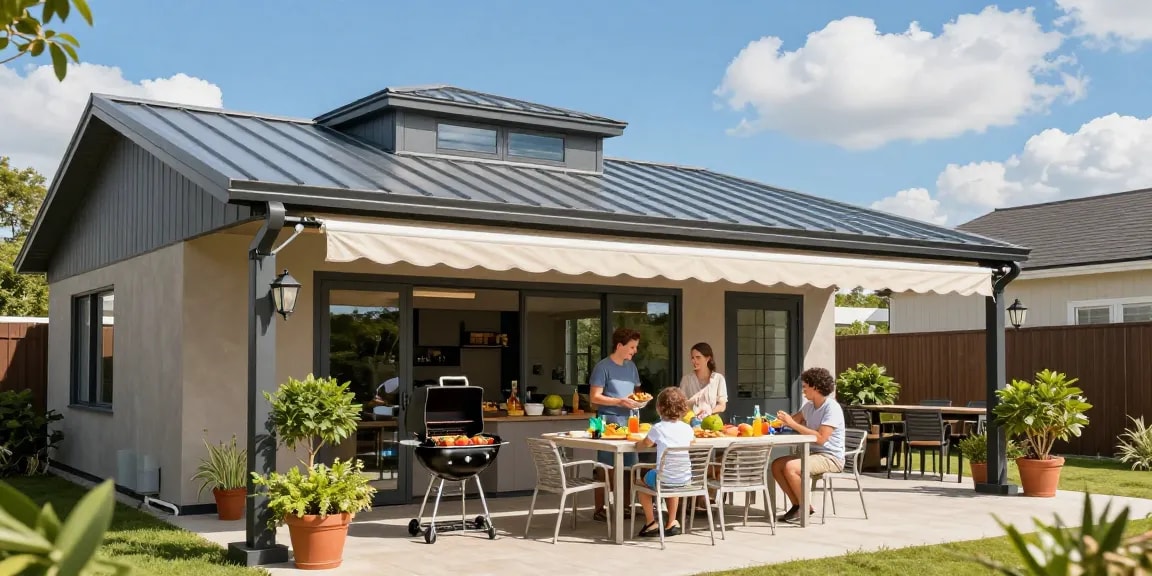 Terrassenüberdachungen schützen Familien während eines Sommergrills. Schöne Gartenlandschaft mit Pflanzen und festlicher Atmosphäre.