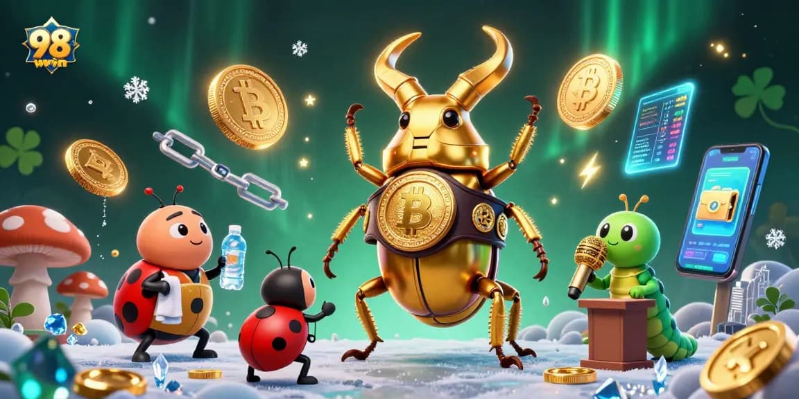 Engage with exciting betting scenes at 98win, featuring lively characters and dynamic crypto elements for immersive gameplay.