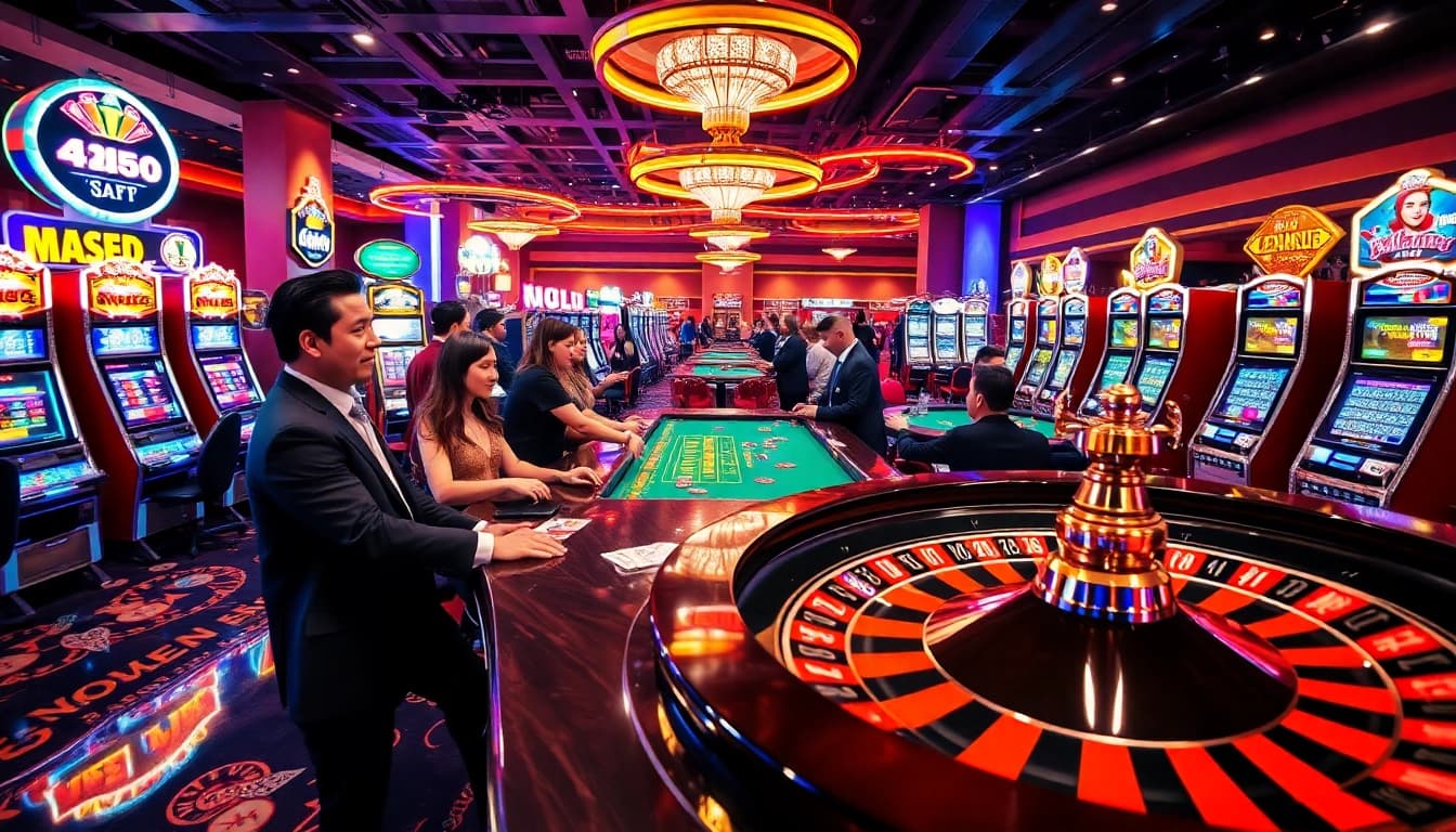 Casino scene featuring mmoo vibes with colorful slot machines and lively poker games.