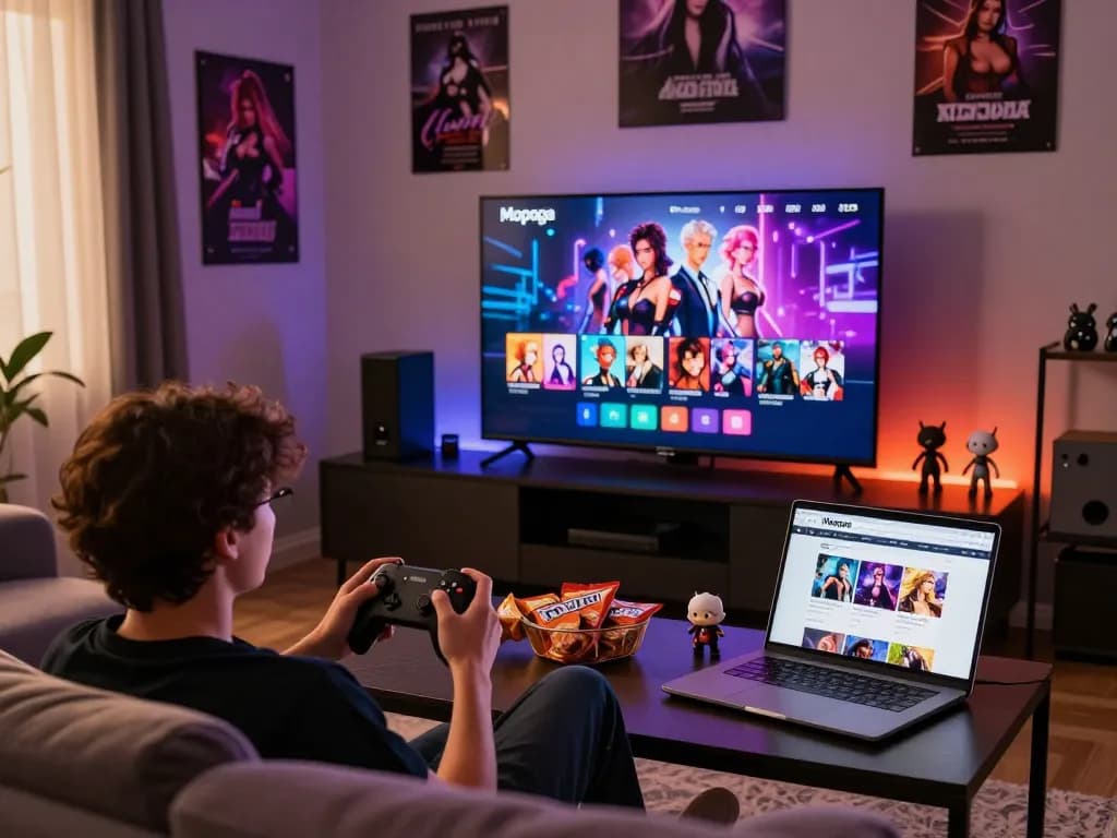 Engaging in sexgames on a modern setup featuring a large TV, cozy ambient lighting, and interactive elements.