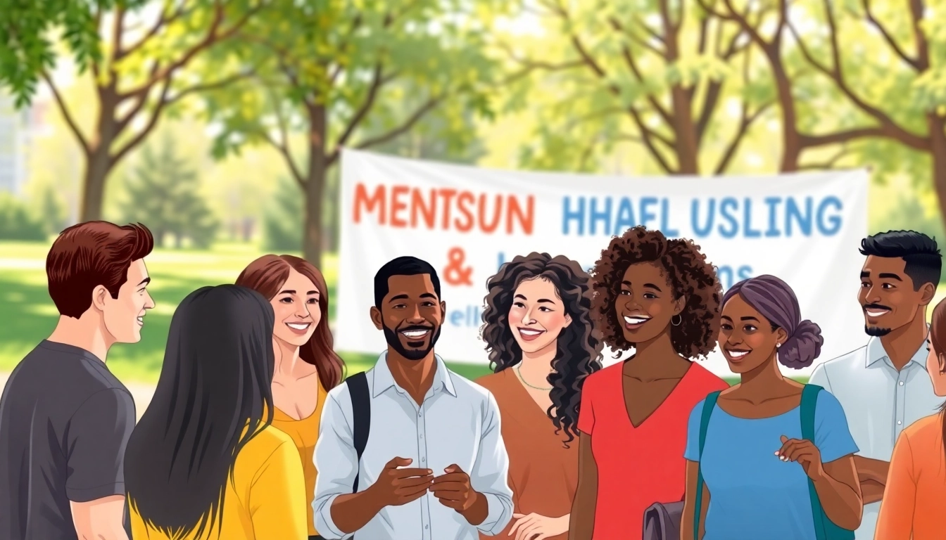 Mental health awareness event featuring diverse individuals collaborating in a relaxed outdoor setting.