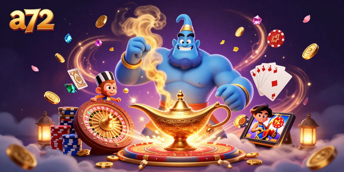 Experience the excitement of a72 with a vibrant casino scene featuring a genie's magic.