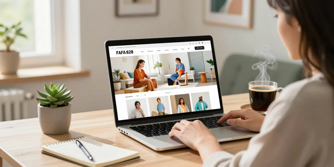 User engaging with the FAFA 828 e-commerce platform on a laptop in a cozy home office, featuring vibrant product displays.