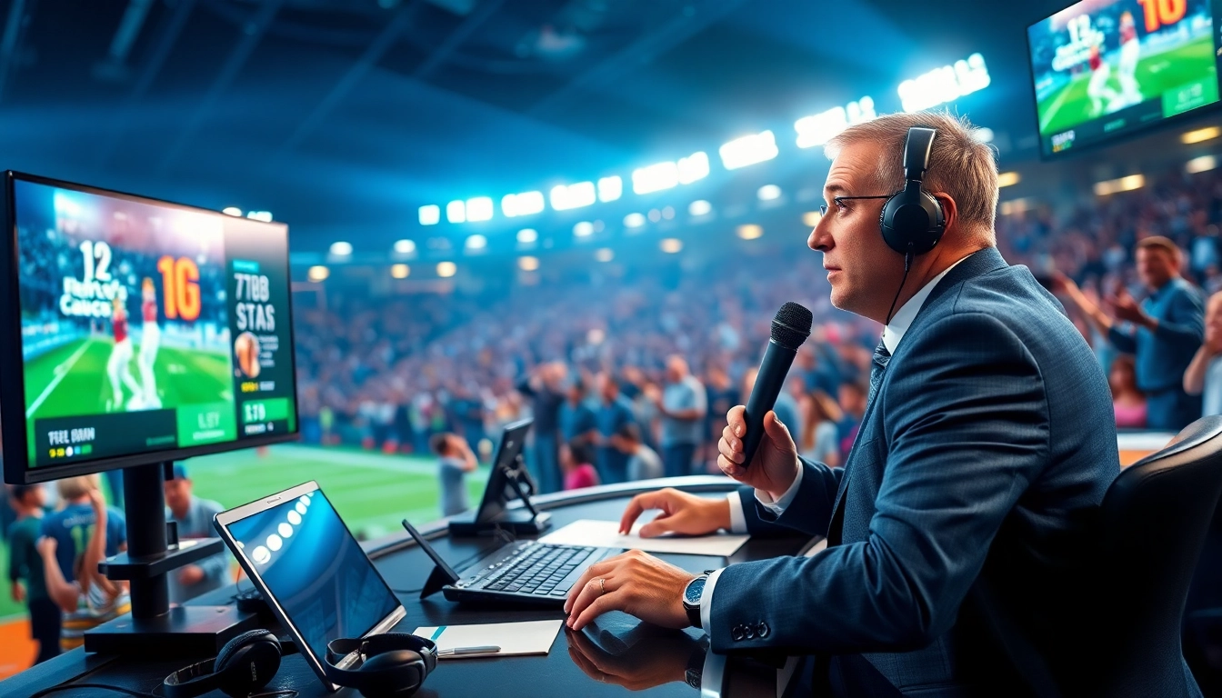 Dynamic Sports Broadcasting scene with a commentator engaging in live coverage amidst cheering fans.