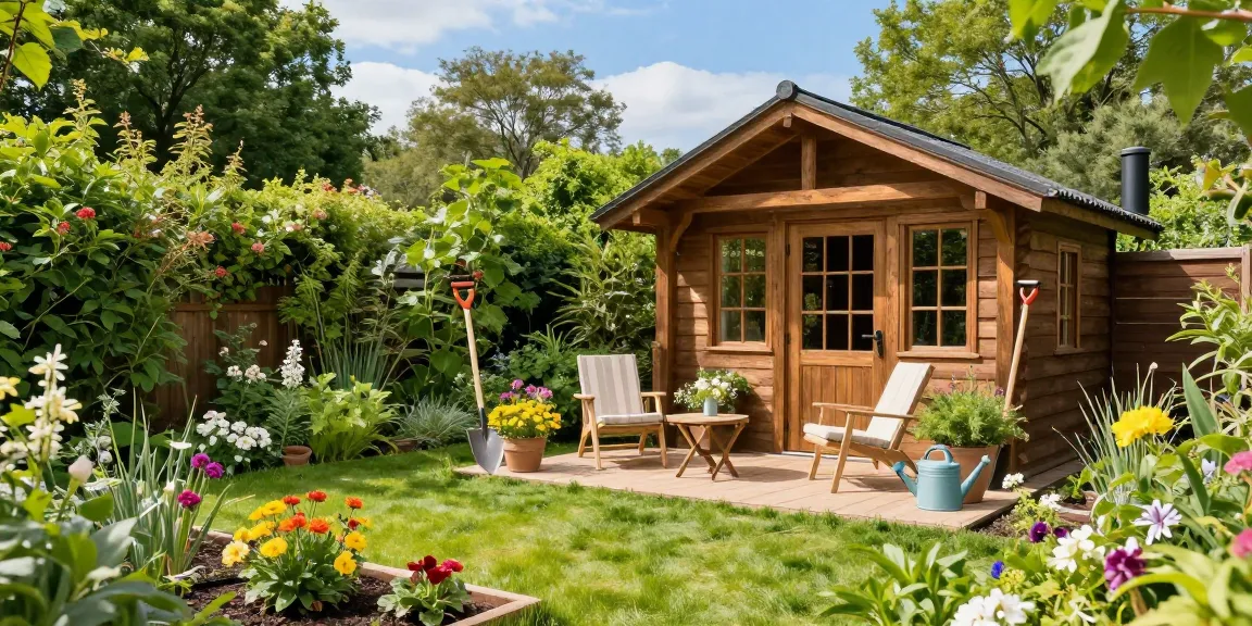 Gartenhäuser von McGarden24 in einer ruhigen Gartenlandschaft mit bunten Blumen und Sitzbereich.