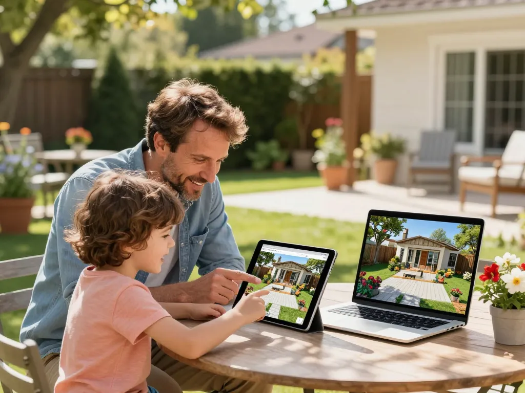 Familie nutzt einen Veranda 3D Konfigurator auf einem Tablet, um ihren individuellen Außenbereich in einem lebhaften Garten zu gestalten.