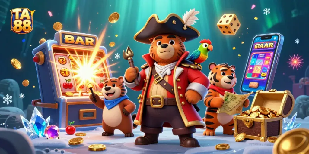 Experience excitement with TA 88's pirate-themed gambling adventure amidst vibrant casino elements.