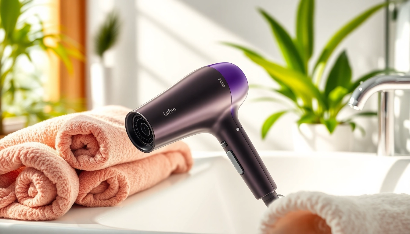 Laifen se Haartrockner in einer eleganten Badezimmerszene, umgeben von modernen Akzenten.