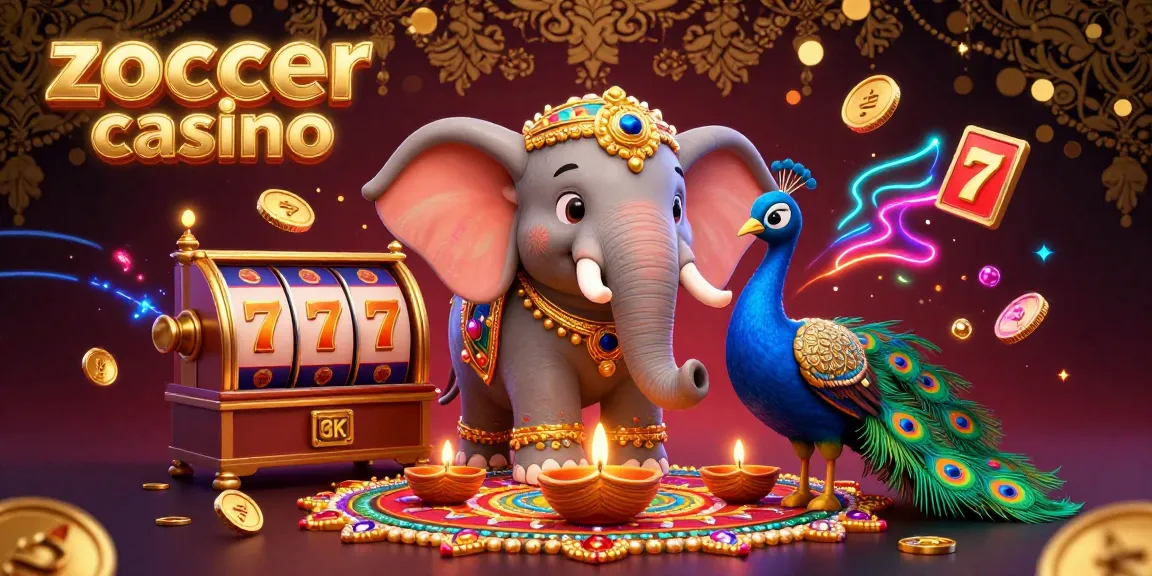 Zoccer casino game scene showcasing a vibrant 3D elephant and peacock surrounded by dynamic casino elements.