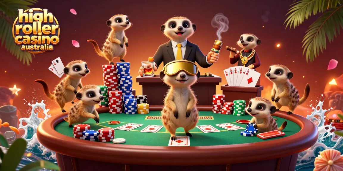 Experience thrills at a high roller casino Australia, featuring meerkats managing a vibrant poker game.
