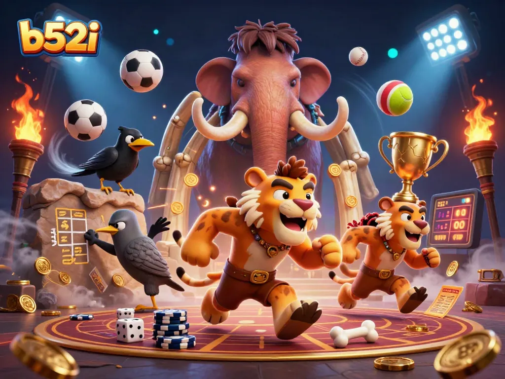 Engage with b52i's prehistoric casino ambiance featuring a dynamic duo and sports action elements.