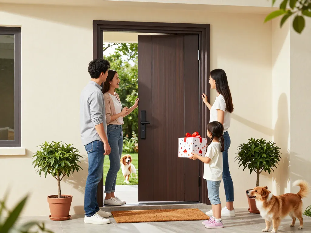 Stilvolle haustür empfängt eine Familie in ihrem neuen Zuhause und zeigt Wärme und Freude.