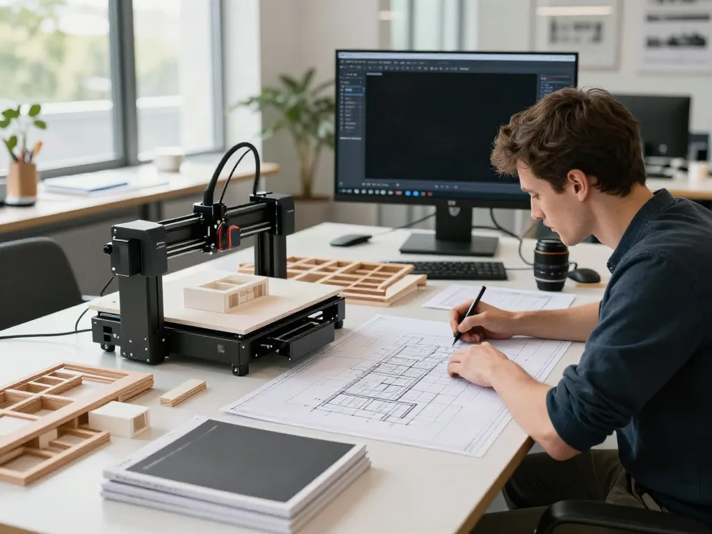 3D Druck Architekturmodell in einem modernen Architekturbüro mit aktiven Entwurfsarbeiten.
