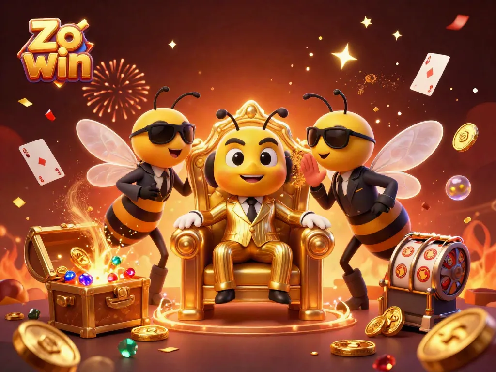 Experience Zo win with bumblebee figures amidst floating cards and jackpot treasures.