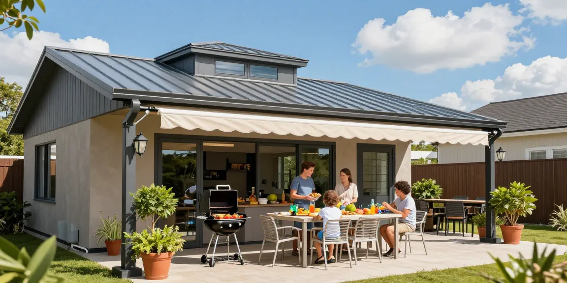 Terrassenüberdachungen schützen Familien während eines Sommergrills. Schöne Gartenlandschaft mit Pflanzen und festlicher Atmosphäre.