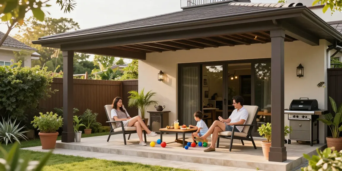 Schöne freistehende Terrassenüberdachung, Familie genießt den Nachmittag im Freien.
