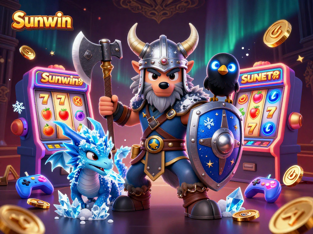 Sunwin showcases a Viking wolf warrior, fierce dragon, and glowing raven amidst vibrant slot machines.