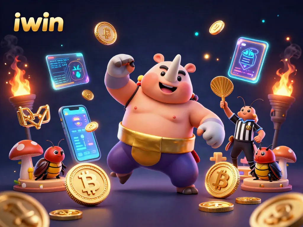 Engage with iwin's thrilling world, featuring a dynamic sumo beetle, coins, and cryptocurrency elements in a vibrant casino scene.
