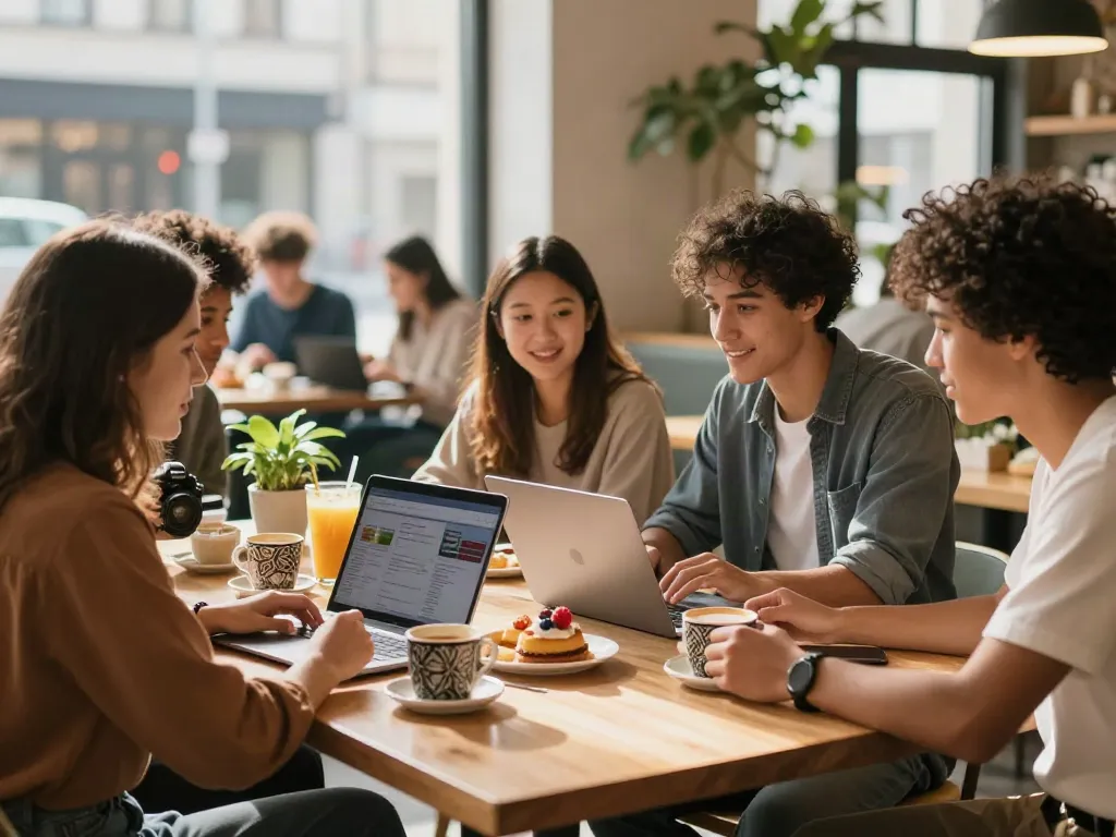 Young adults discussing rokok88 alternatif options in a cozy café.