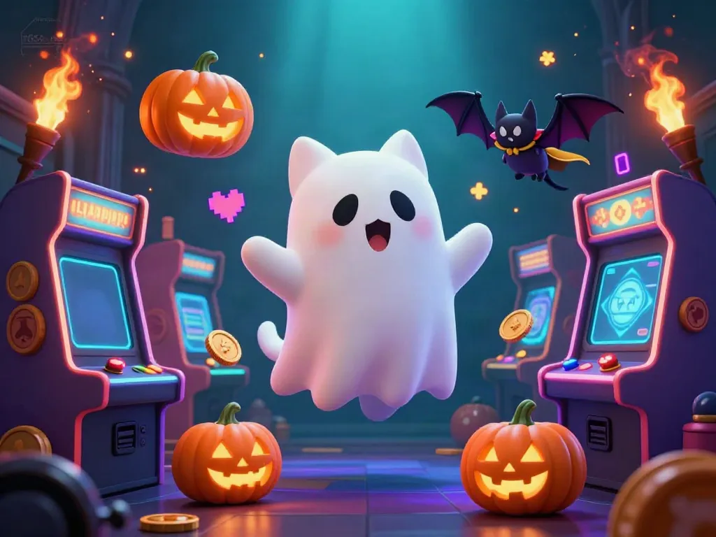 Experience the thrill of r666. com in this vibrant casino illustration featuring a ghost cat and bat companion.