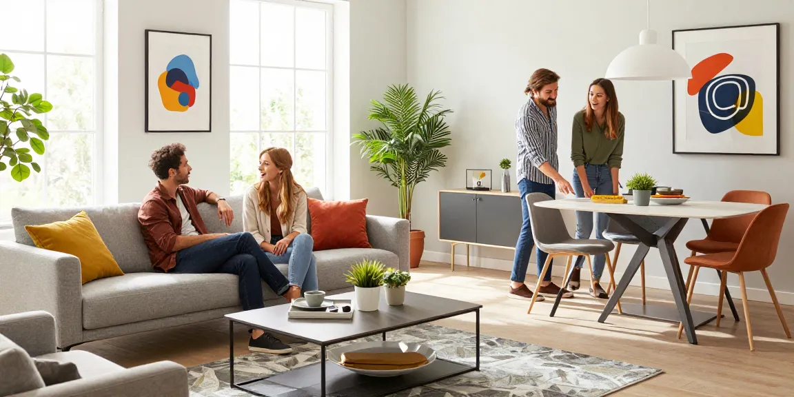 Paar erkundet moderne Möbeloptionen in einem stilvollen Wohnzimmer, während sie Möbel online bestellen.
