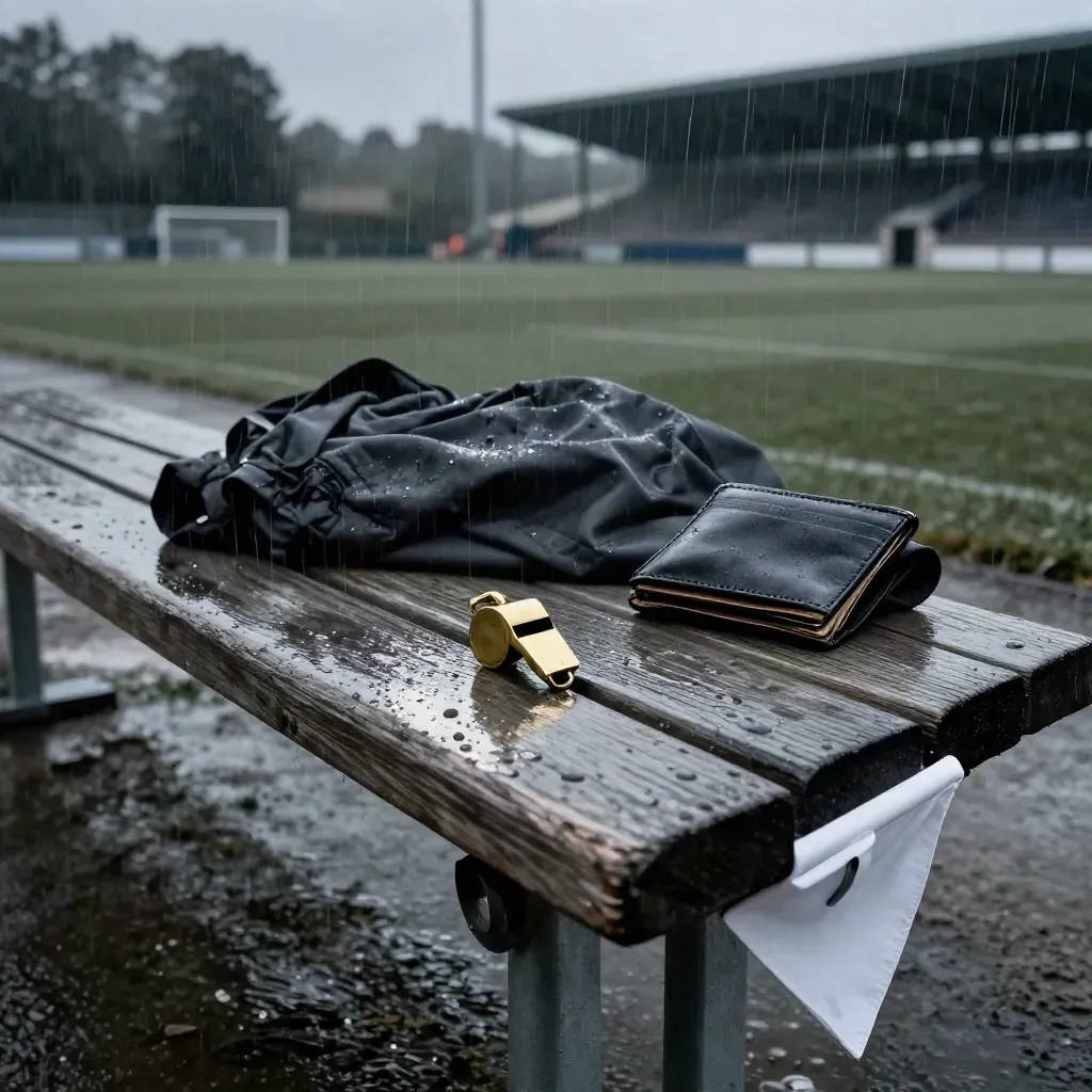 Schiedsrichterbank im Regen mit Pfeife, Kartenetui und nasser Jacke am Spielfeldrand.
