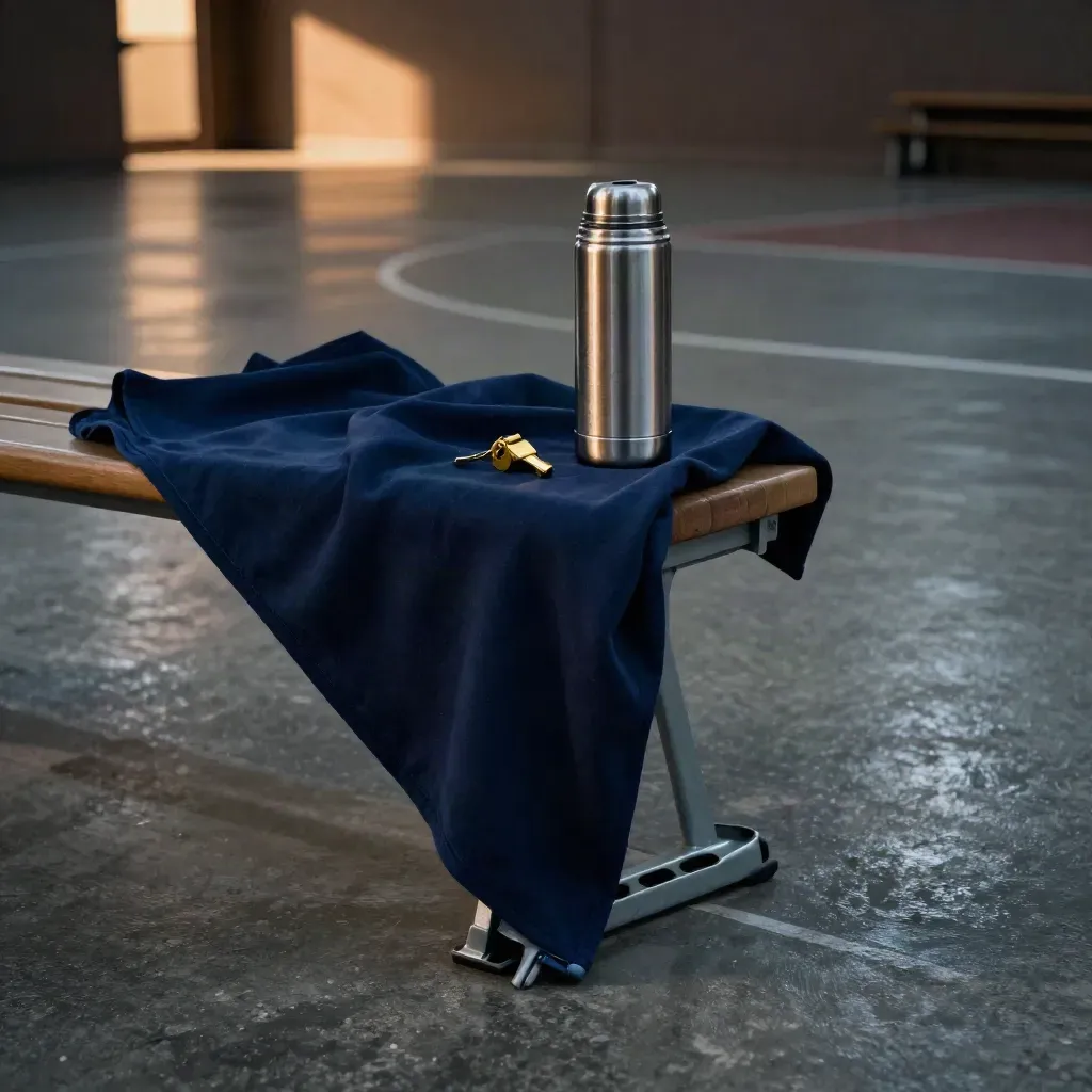 Ruhiger Bereich am Spielfeldrand mit Decke, Thermoskanne und Flaschenhaltern unter der Bank.