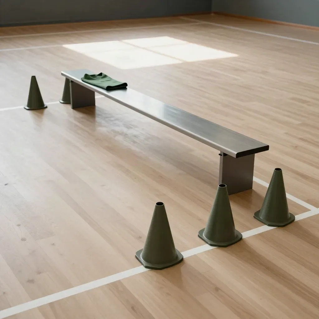 Draufsicht auf zwei Trainingszonen mit grünen Hütchen und Banklücke in einer Sporthalle