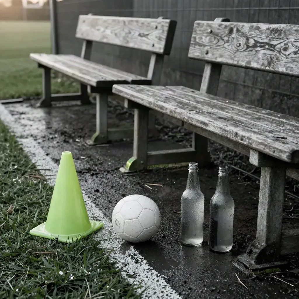 Leerer Spielfeldrand mit Bänken, Ball, umgekipptem Hütchen und Trinkflaschen im Wind.
