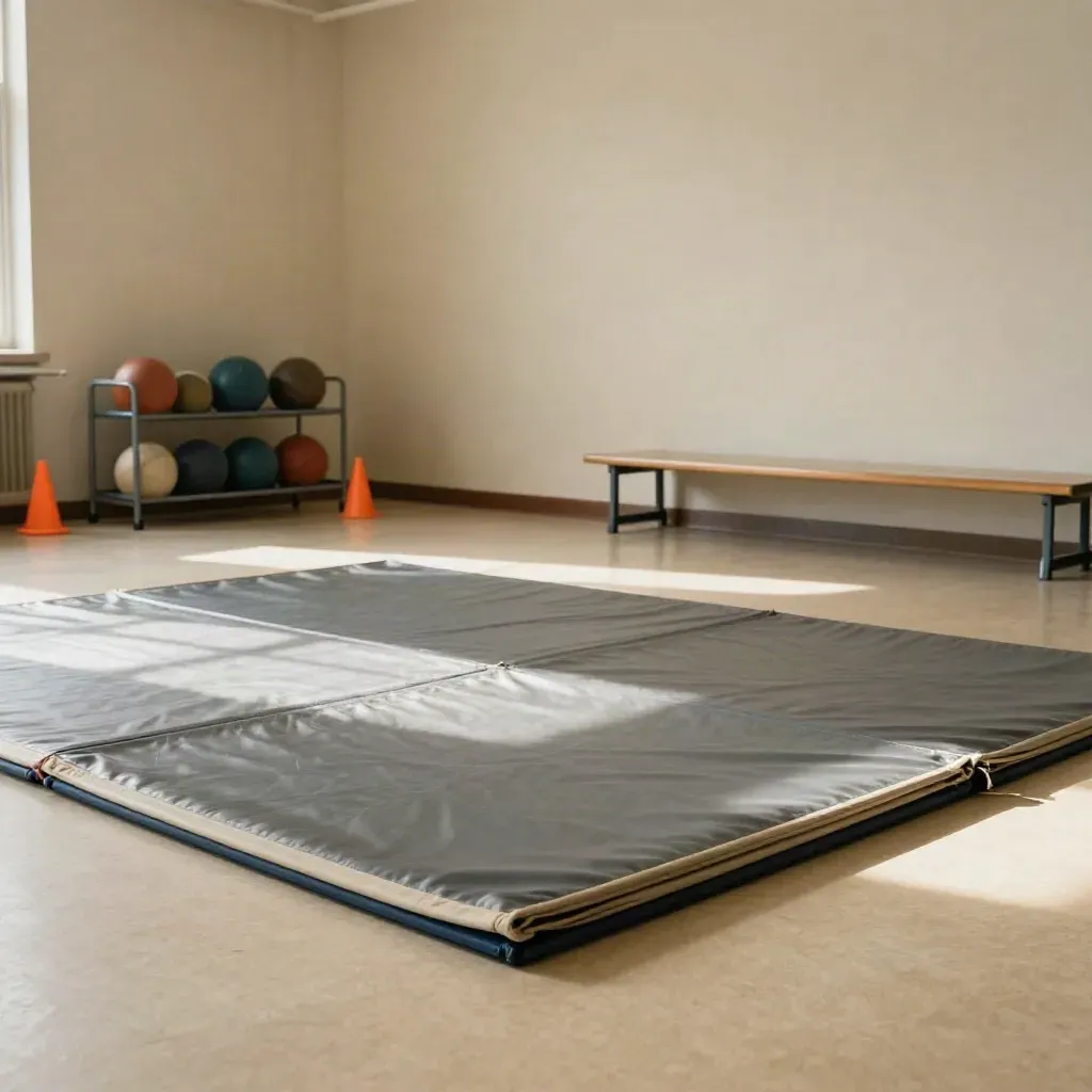 Klassen-Sportecke mit Matten, Ballregal, Hütchen und Bank im dramatischen Seitenlicht.