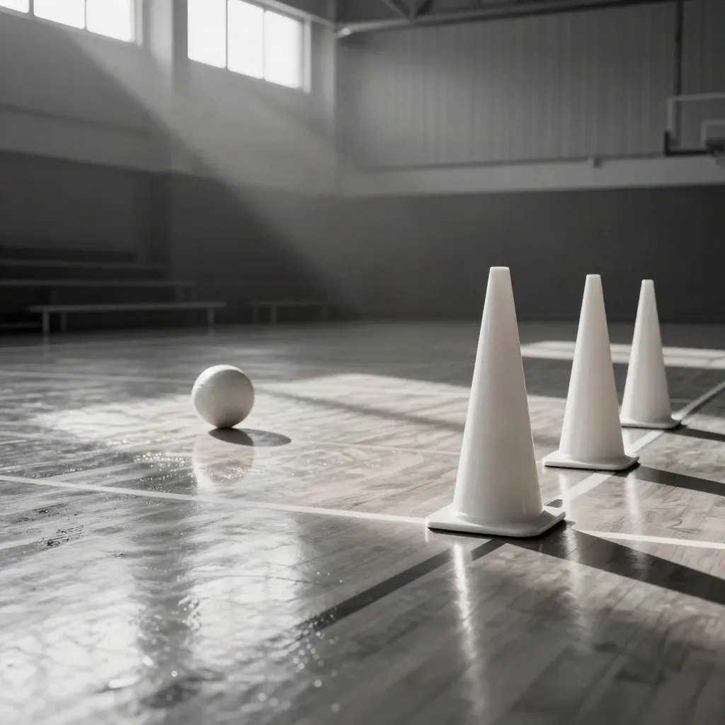 Leerer Sporthallenboden mit Ball und Hütchen im Regenlicht.