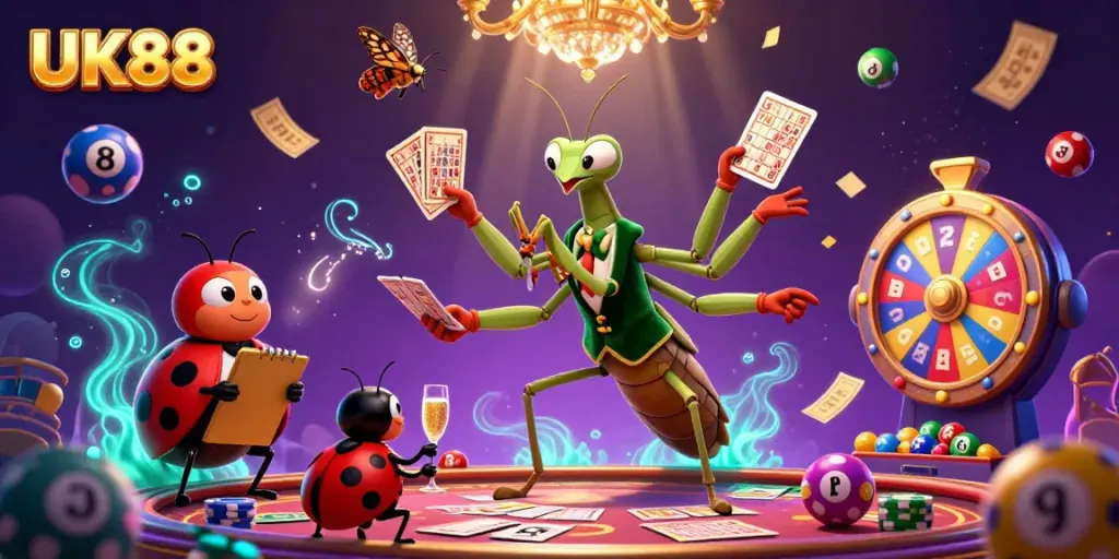 UK88 showcases vibrant lottery balls and engaging gaming characters in a lively casino scene.