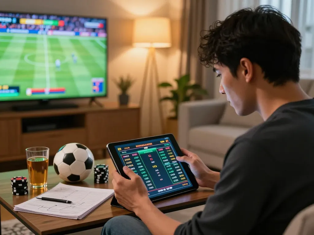 Engaging in kèo bóng đá trực tuyến with tablet in cozy living room, showcasing betting excitement.