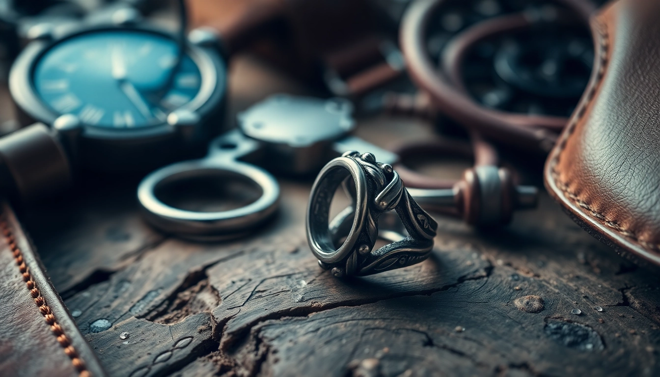 Biker ring prominently showcased with leather accessories and tools in focus.