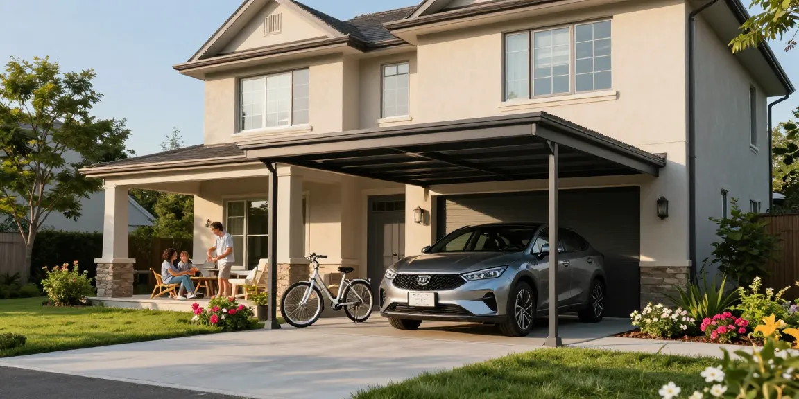 Carport schützt Fahrzeug vor Witterung, umgeben von Garten und Familie, im warmen Licht.