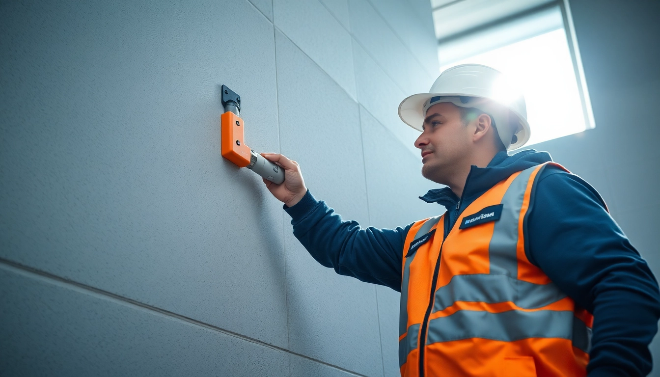 Flüssigdichtung wird von einem Bauarbeiter professionell auf einer Wand aufgetragen, um eine effektive Abdichtung zu gewährleisten.