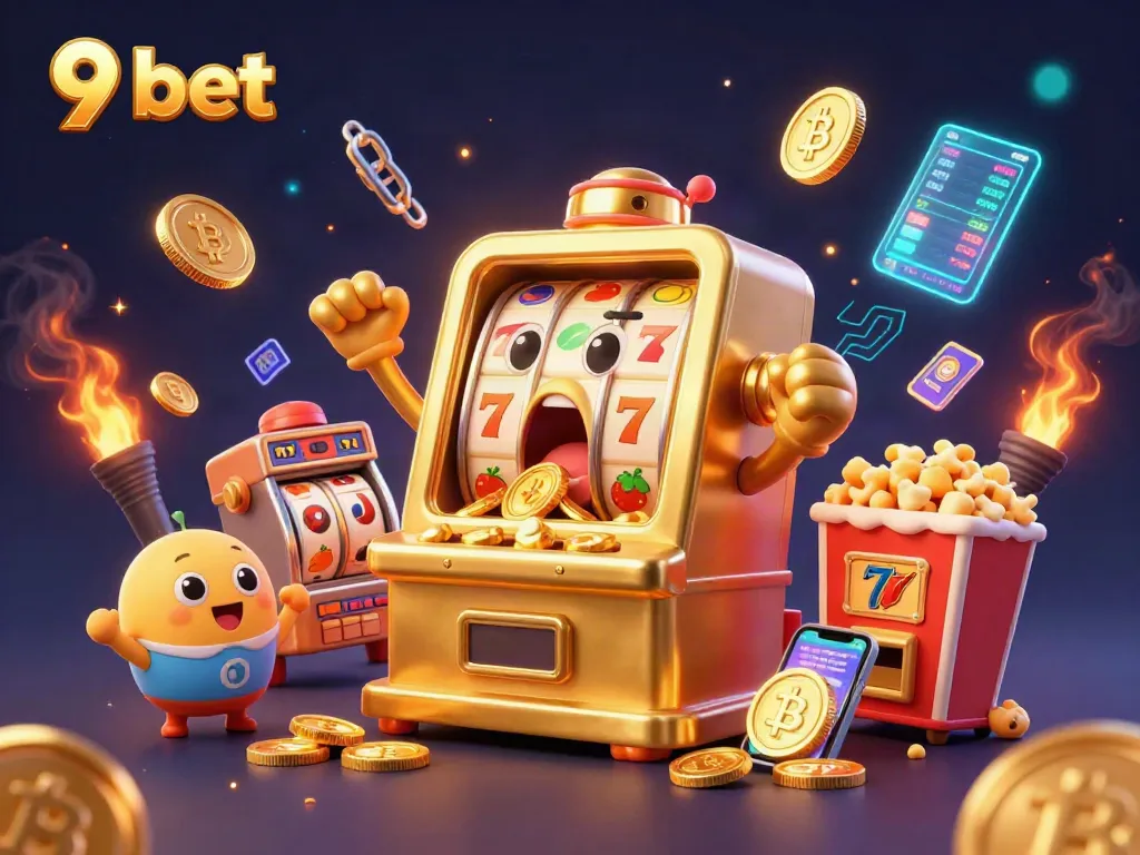 Experience the excitement of 9 bet with a joyful golden slot machine celebrating its jackpot amidst vibrant casino elements.