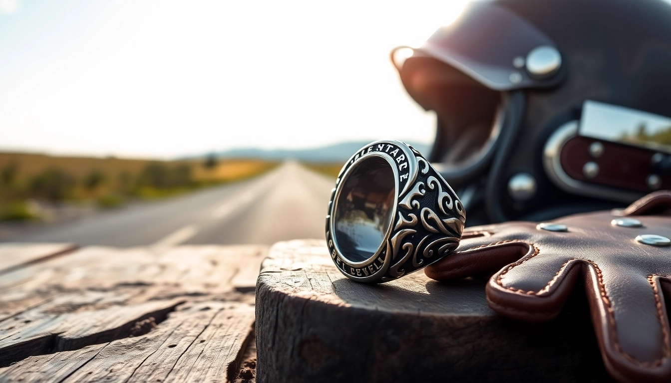 Biker ring shining next to leather gloves and a motorcycle helmet auf rustikalem Tisch.