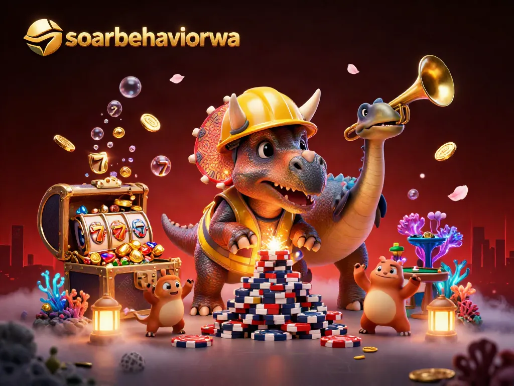 Experience thrilling action with soarbehaviorwa where a triceratops builds poker chips amidst vibrant casino elements.