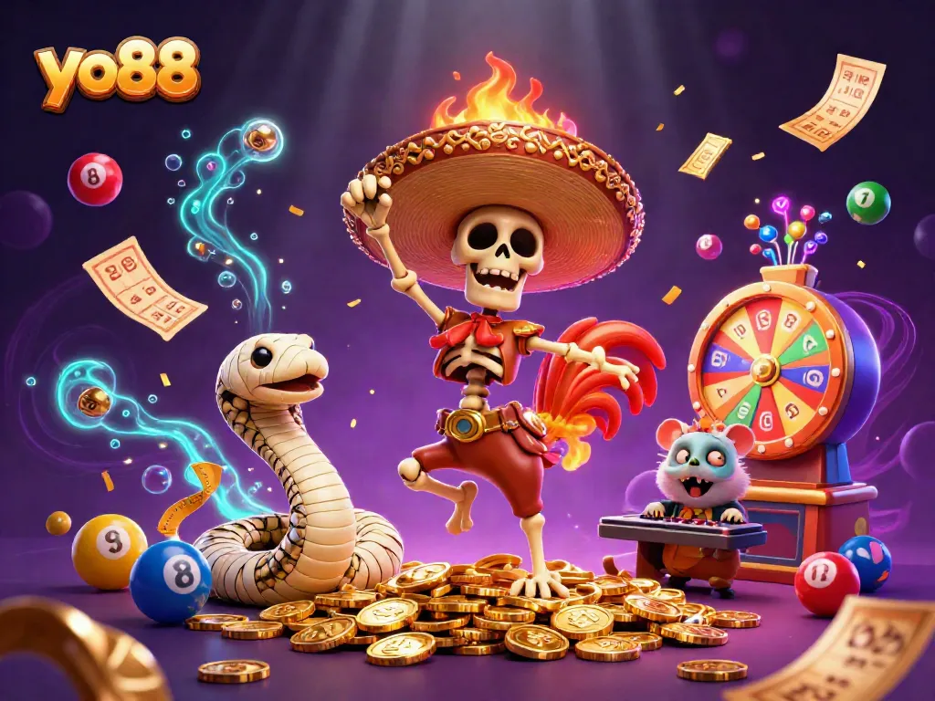 Engage with the vibrant world of yo88 as a mariachi rooster celebrates amid dynamic lottery balls and golden prizes.