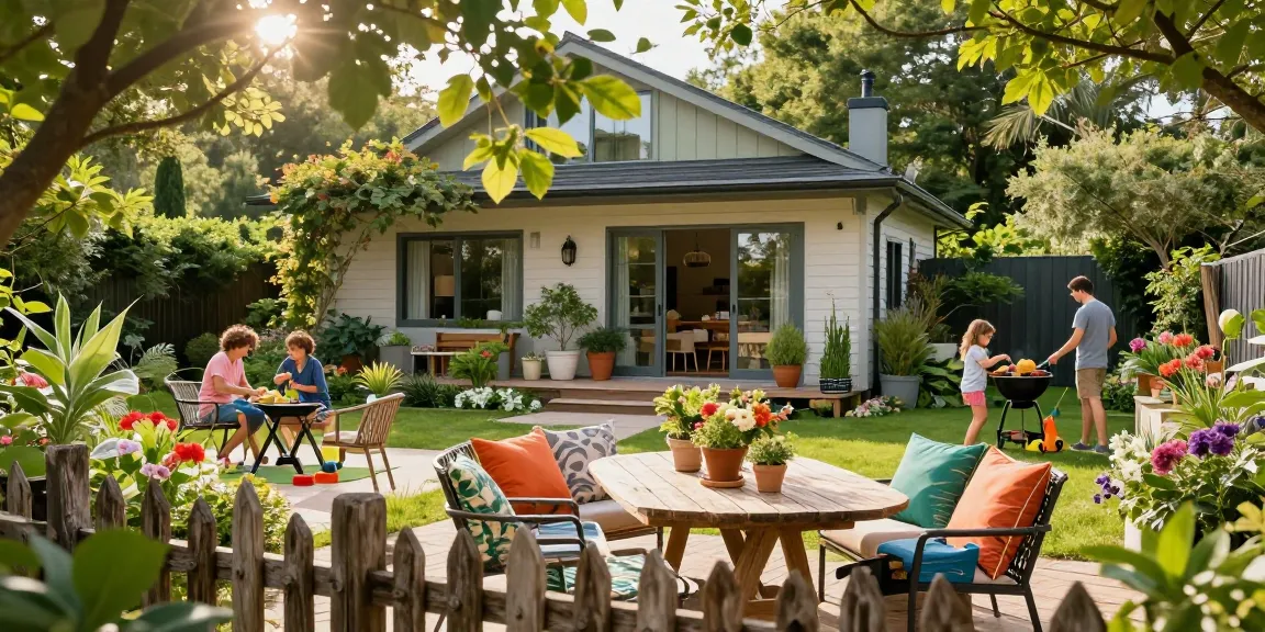 Garten Haus im Grünen mit einladender Sitzgelegenheit und spielenden Kindern.